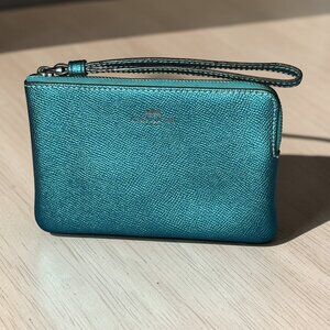 Coach Corner Zip Metalic Teal Leather Wristlet (EUC/Like New)